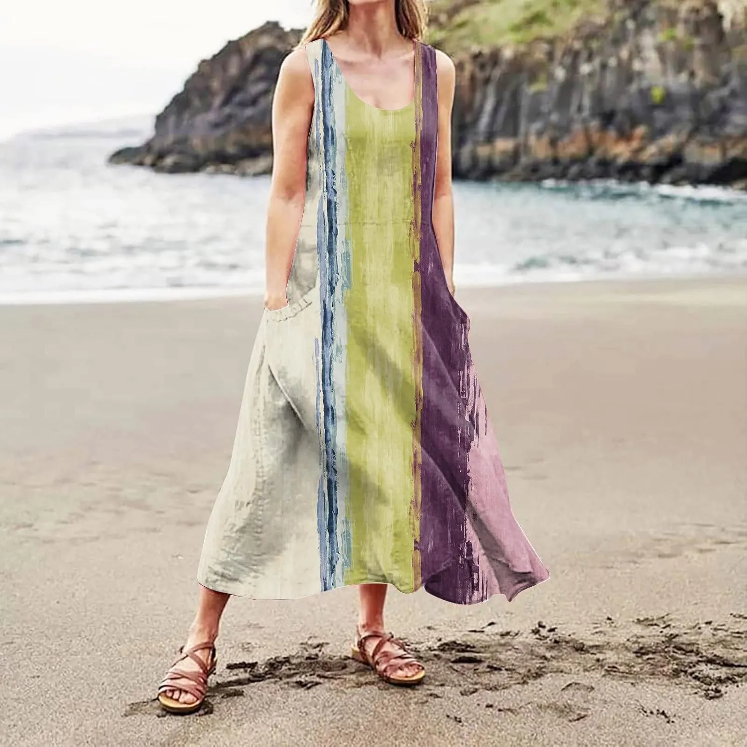 Womens Sleeveless Dresses Spring Summer Crewneck Sundress Casual Loose A Line Hawaiian Tunic Dress with Pocket S-5XL