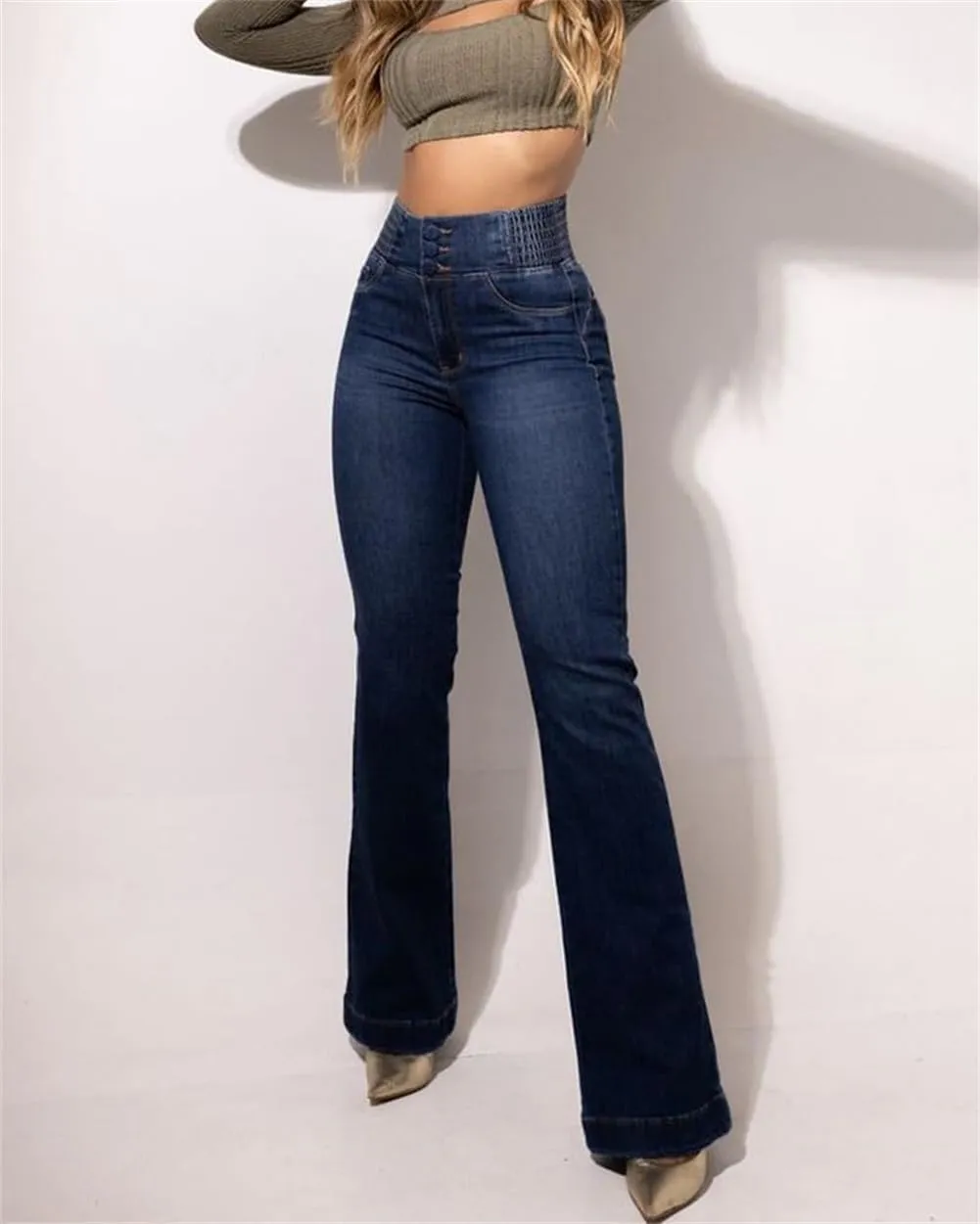 Women's Smocked High Rise Bootcut Jeans, Tummy Control High Waisted Button Fly Bell Bottoms Stretch Denim Trousers