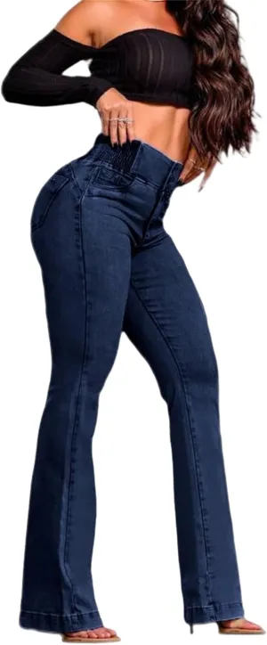 Women's Smocked High Rise Bootcut Jeans, Tummy Control High Waisted Button Fly Bell Bottoms Stretch Denim Trousers