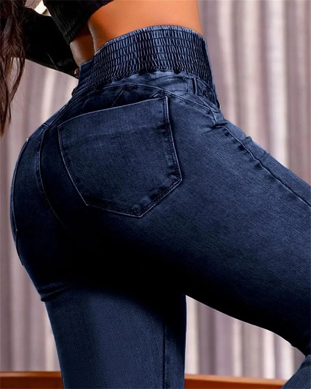 Women's Smocked High Rise Bootcut Jeans, Tummy Control High Waisted Button Fly Bell Bottoms Stretch Denim Trousers
