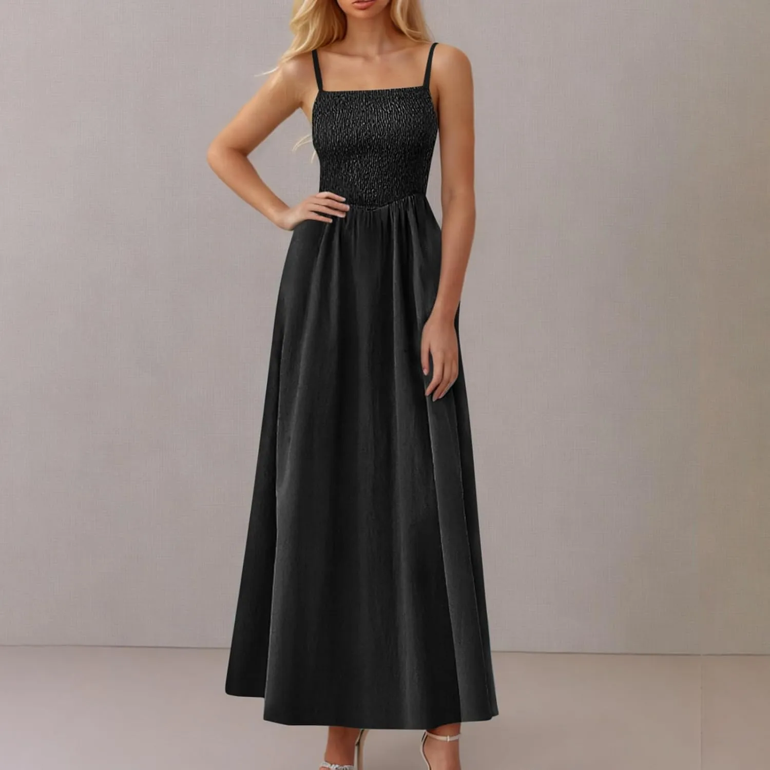 Women's Smocked Maxi Dresses Spaghetti Strap Square Neck Flowy Long Dress Beach Vacation A Line Sundress with Pockets