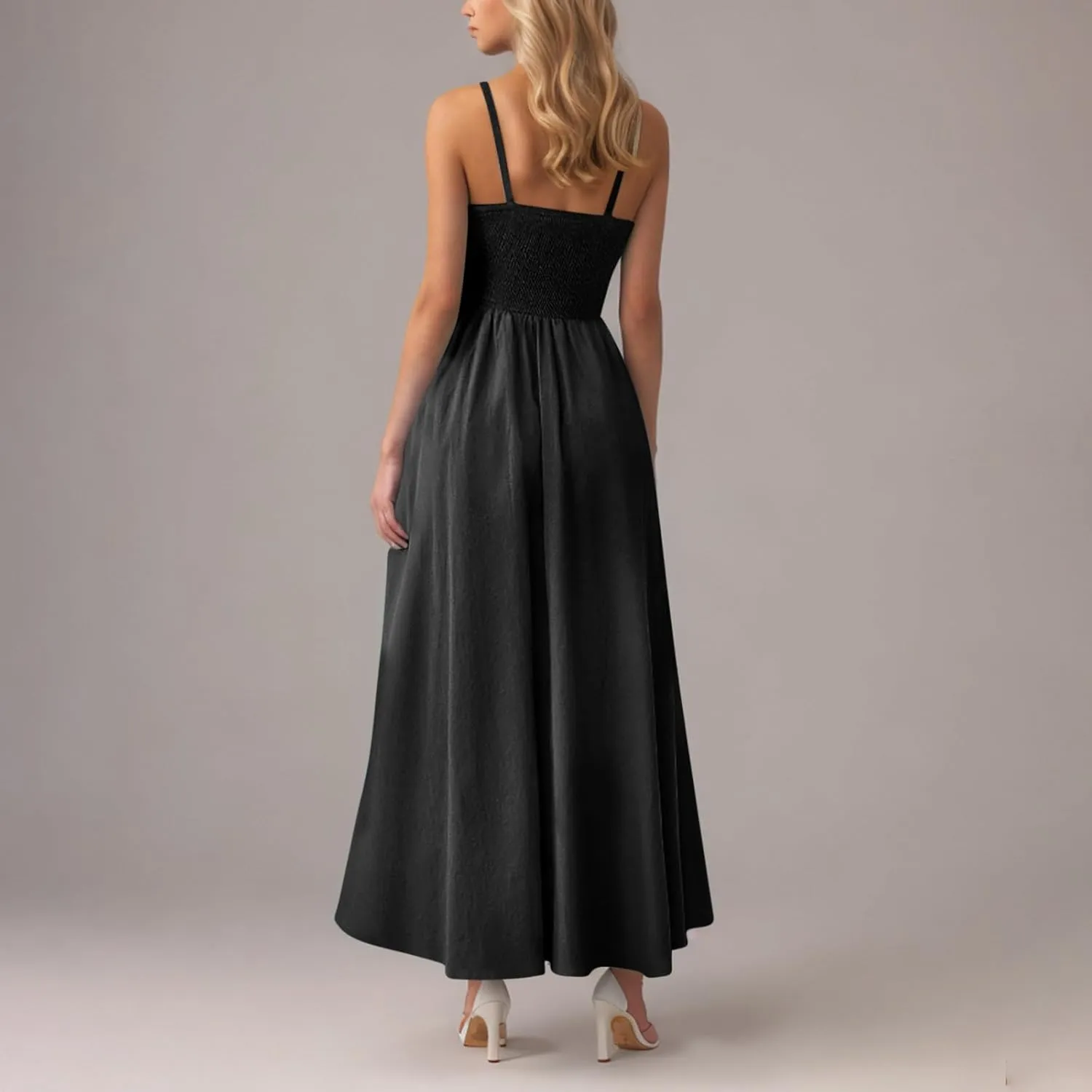 Women's Smocked Maxi Dresses Spaghetti Strap Square Neck Flowy Long Dress Beach Vacation A Line Sundress with Pockets