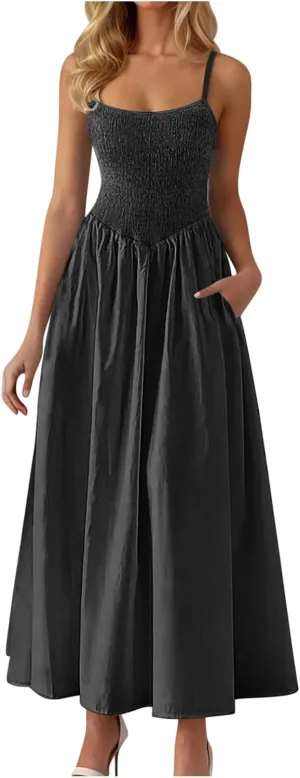 Women's Smocked Maxi Dresses Spaghetti Strap Square Neck Flowy Long Dress Beach Vacation A Line Sundress with Pockets