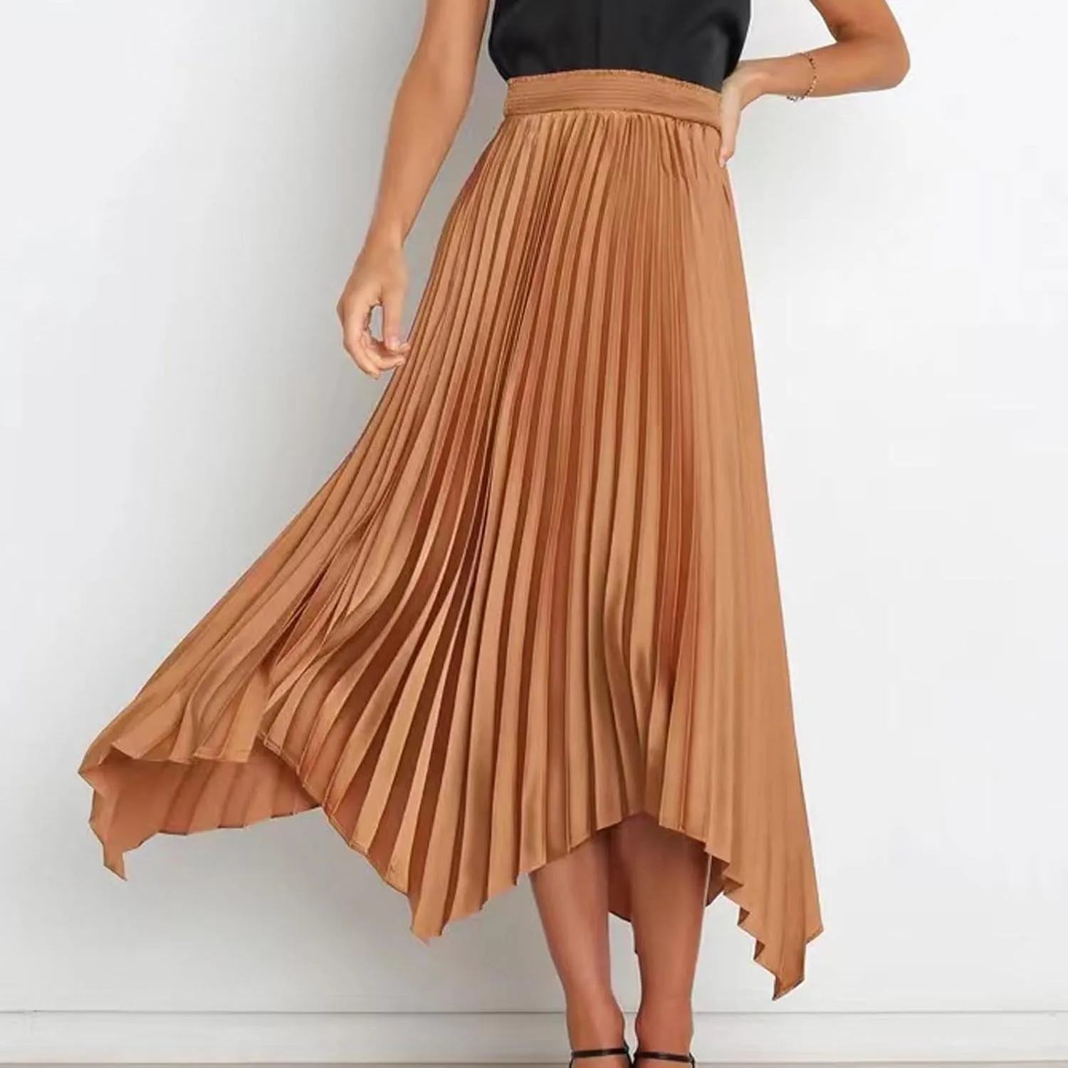 Women's Solid Flared Skirts Lightweight Elastic High Waist Long Midi A Line Skirt Flowy 2025 Fashion Summer Dresses