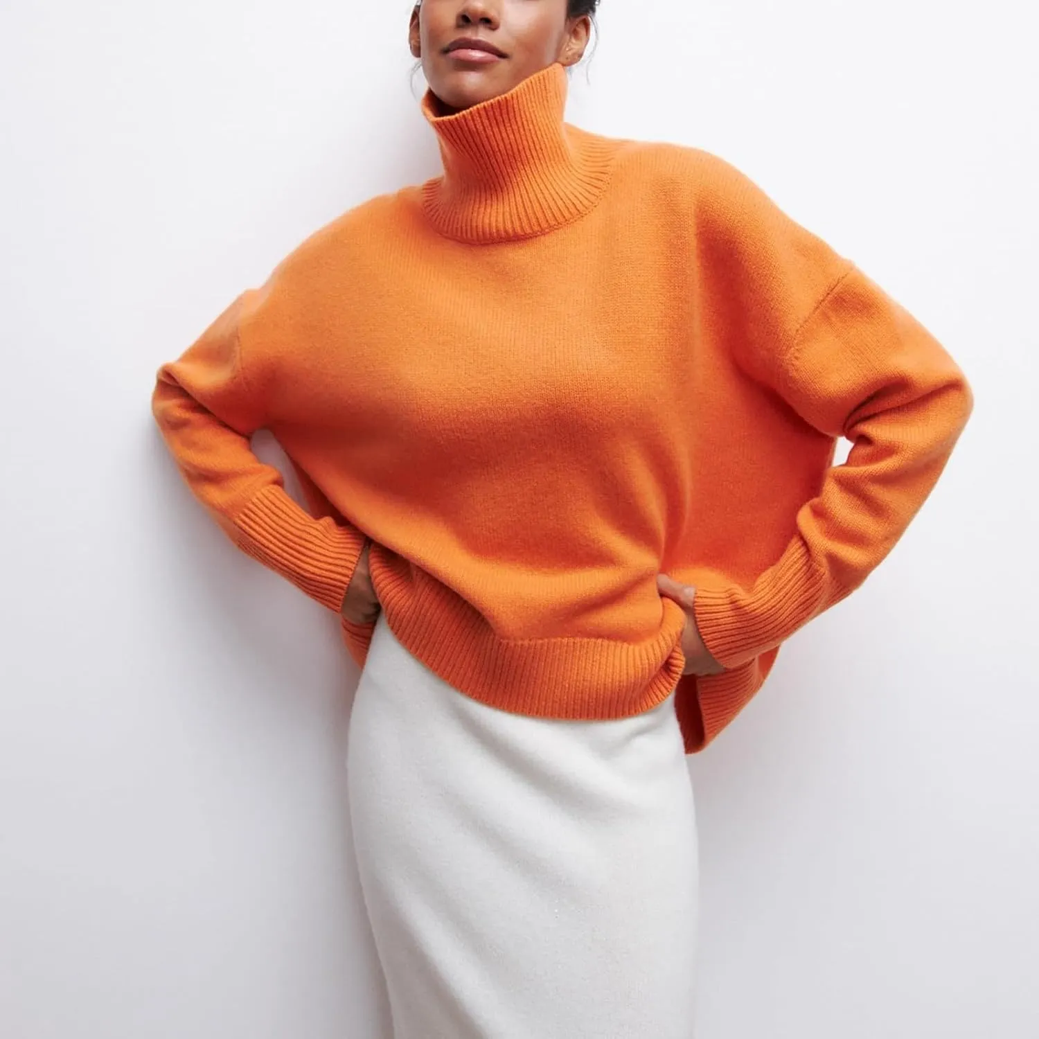 Women's Solid Oversize Long Sleeve High Neck Sweaters Autumn Winter Casual Trendy Thick Warm Plus Size Loose Fit Turtleneck