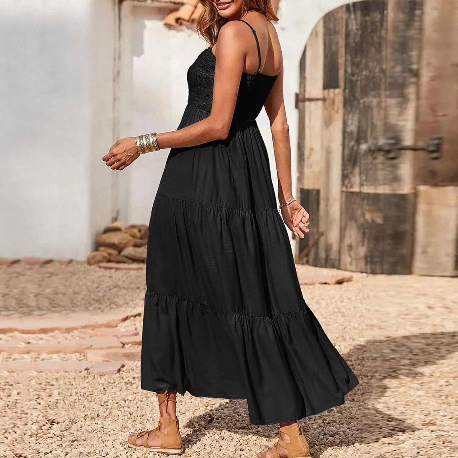 Women's Spring Dress Sleeveless Strapless Halter 2024 Casual Loose Solid Color Printed Maxi Dresses, S-3XL