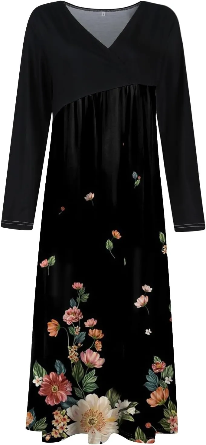 Womens Spring Dresses 2025 Long Sleeve V Neck Midi Vacation Ladies Boho Work Fashion Holiday Dress