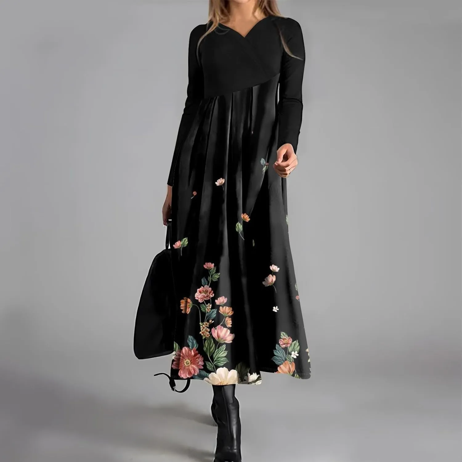 Womens Spring Dresses 2025 Long Sleeve V Neck Midi Vacation Ladies Boho Work Fashion Holiday Dress