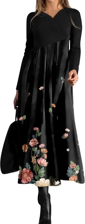 Womens Spring Dresses 2025 Long Sleeve V Neck Midi Vacation Ladies Boho Work Fashion Holiday Dress