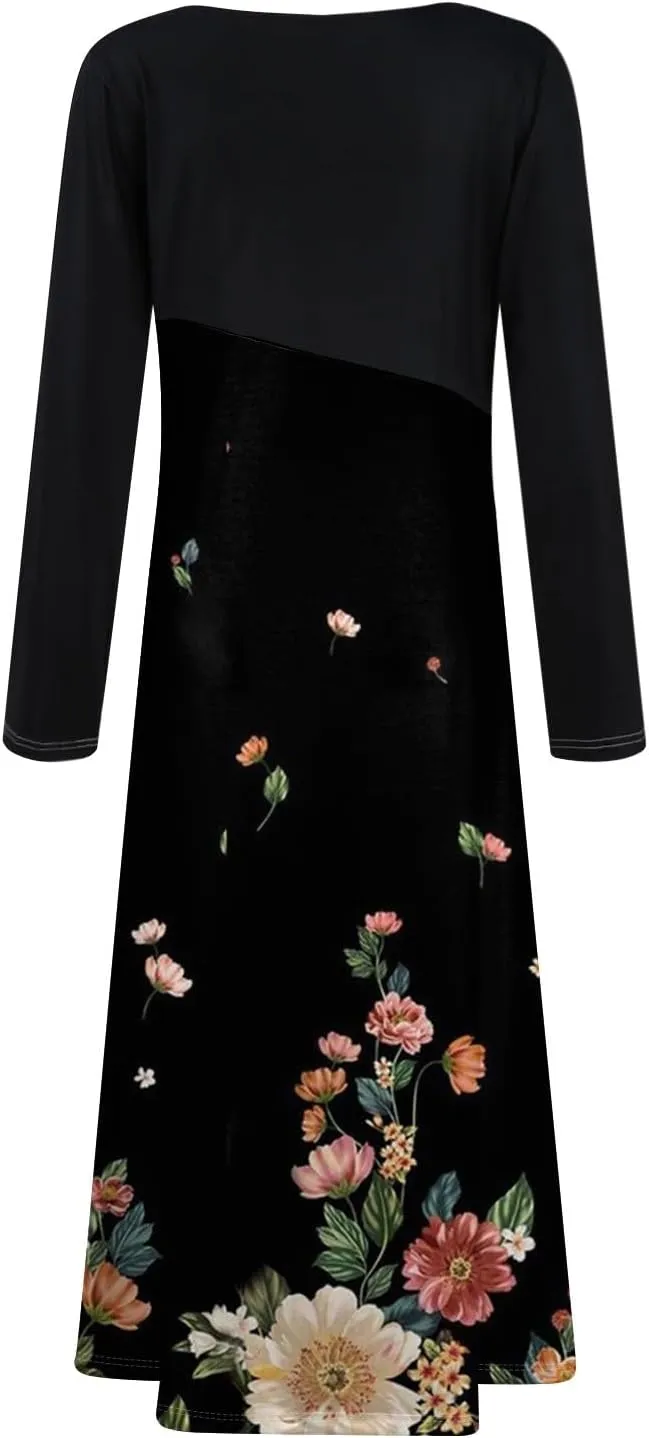 Womens Spring Dresses 2025 Long Sleeve V Neck Midi Vacation Ladies Boho Work Fashion Holiday Dress