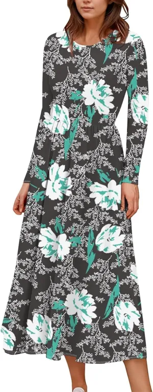 Womens Spring Dresses 2025 Long Sleeve V Neck Midi Work Flowy Boho Summer Swing Fitted Dress