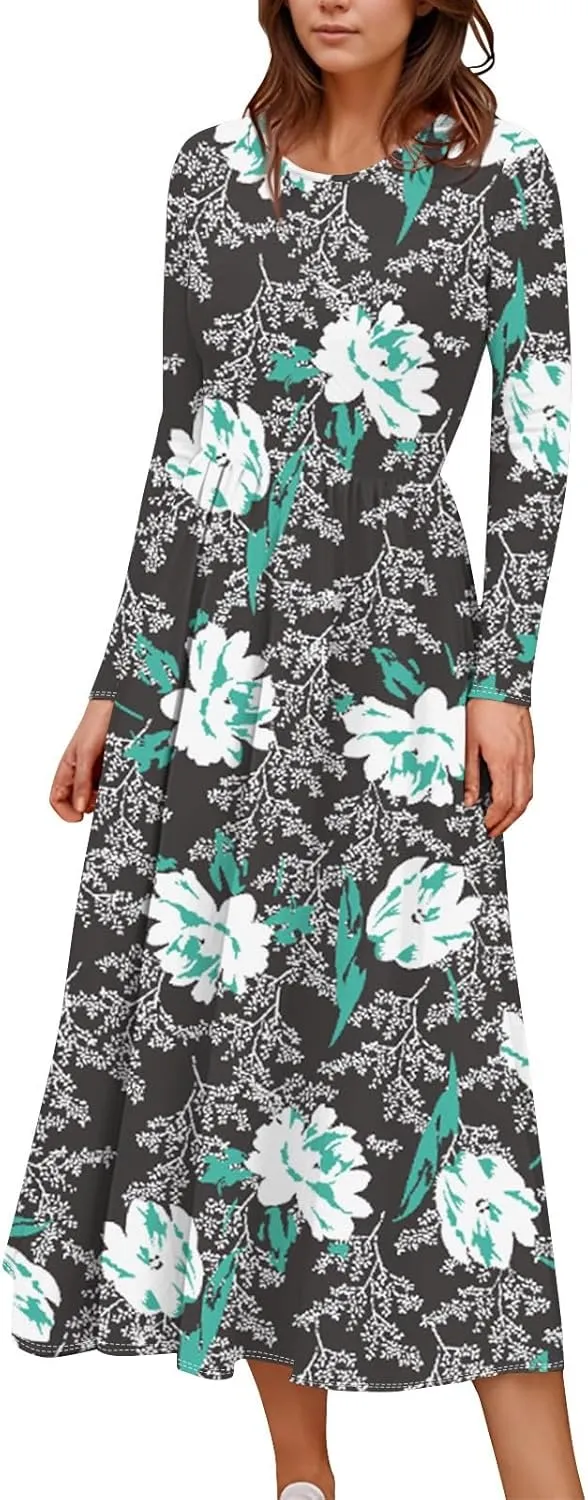 Womens Spring Dresses 2025 Long Sleeve V Neck Midi Work Flowy Boho Summer Swing Fitted Dress