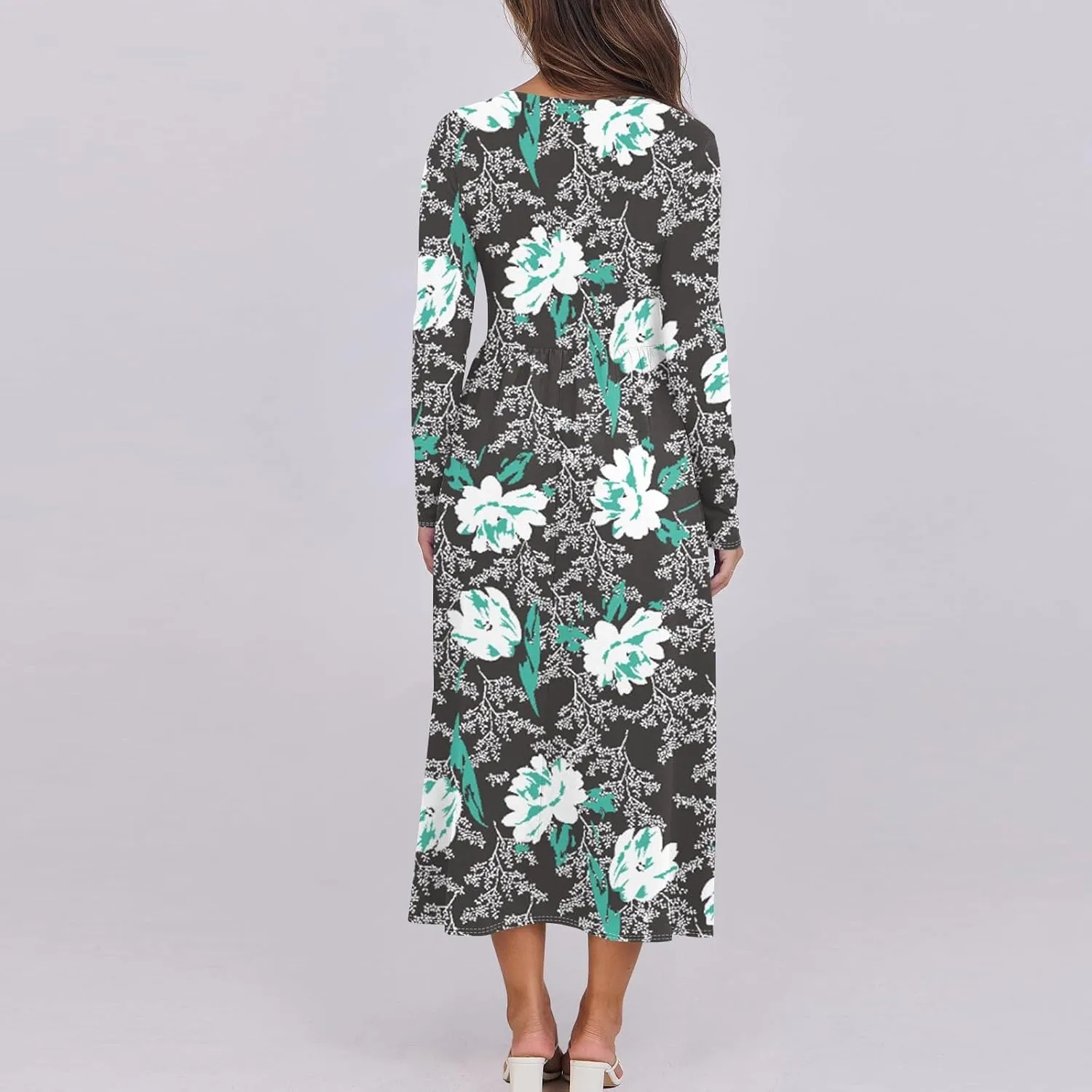 Womens Spring Dresses 2025 Long Sleeve V Neck Midi Work Flowy Boho Summer Swing Fitted Dress