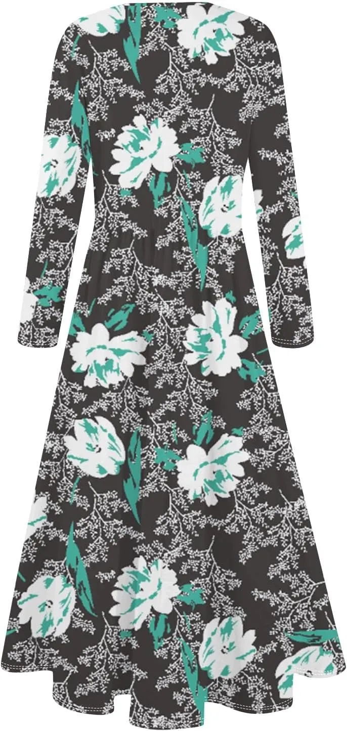 Womens Spring Dresses 2025 Long Sleeve V Neck Midi Work Flowy Boho Summer Swing Fitted Dress