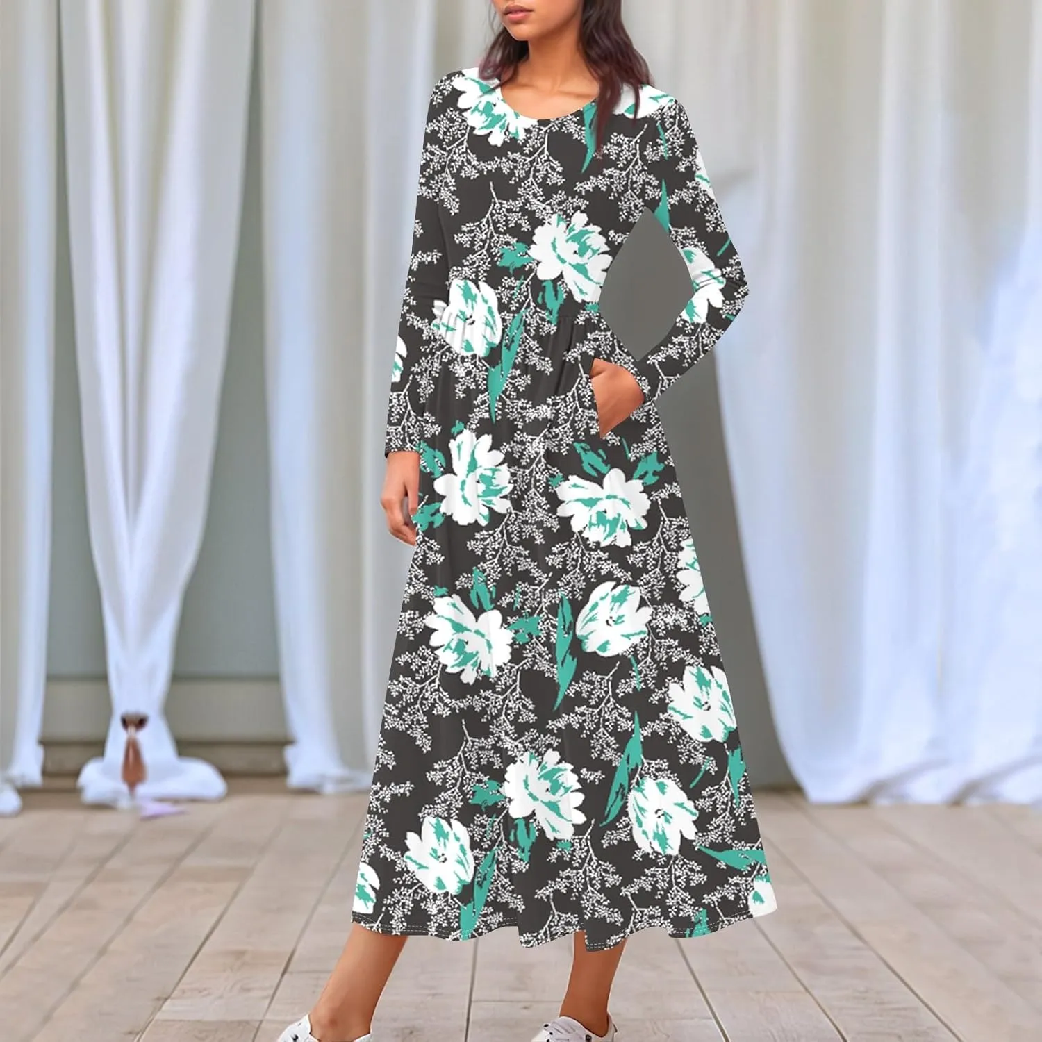 Womens Spring Dresses 2025 Long Sleeve V Neck Midi Work Flowy Boho Summer Swing Fitted Dress