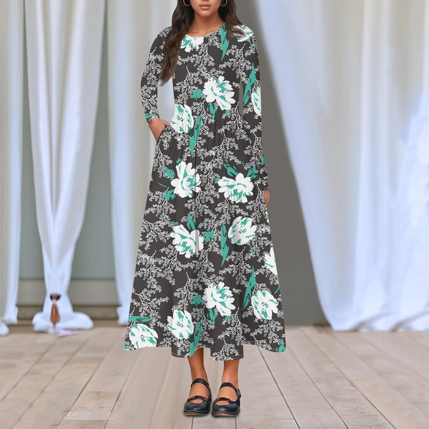 Womens Spring Dresses 2025 Long Sleeve V Neck Midi Work Flowy Boho Summer Swing Fitted Dress