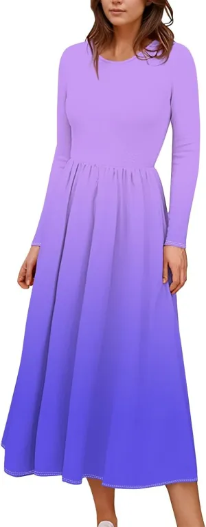 Womens Spring Dresses 2025 Midi Long Sleeve O Neck Flowy Summer Elegant Casual Western Fashion Dress