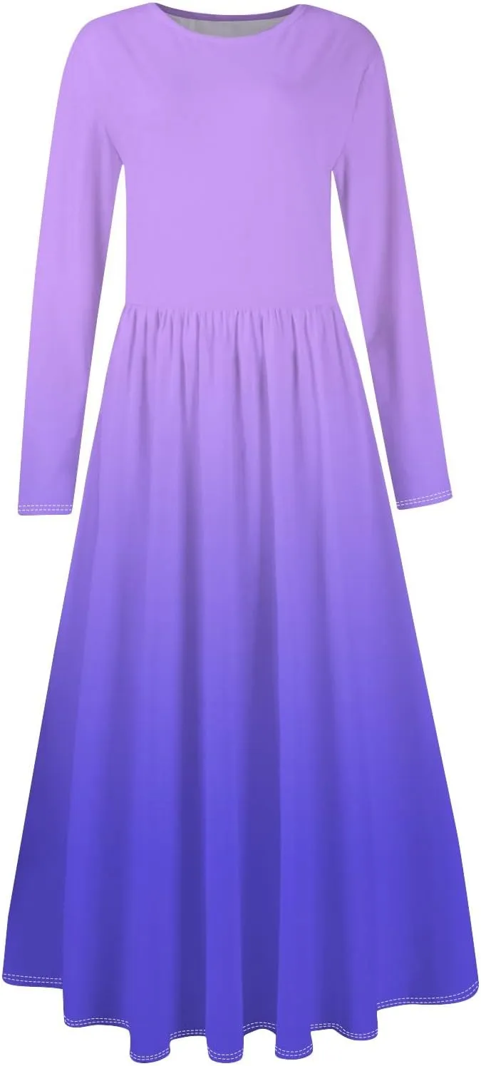 Womens Spring Dresses 2025 Midi Long Sleeve O Neck Flowy Summer Elegant Casual Western Fashion Dress