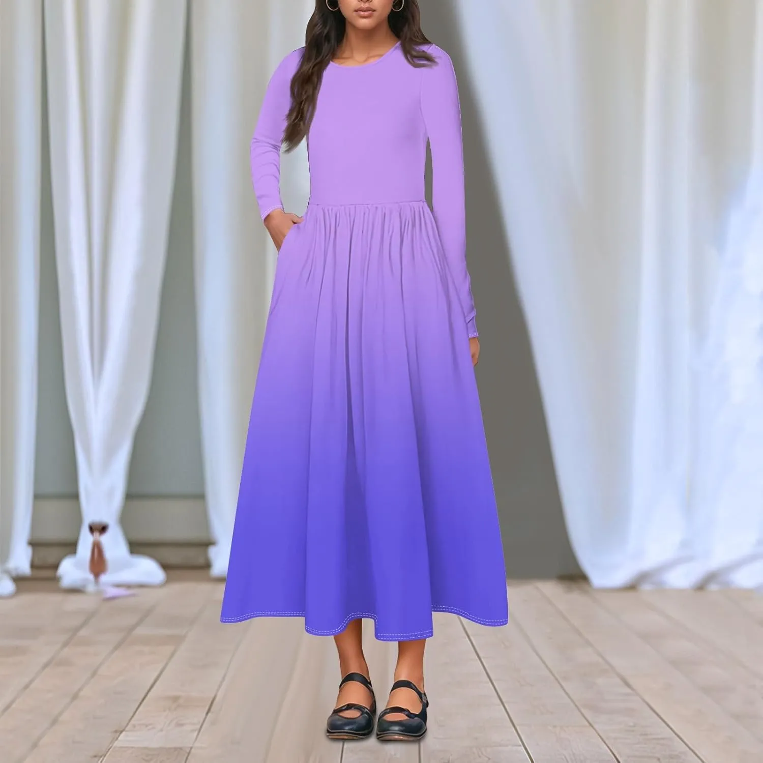 Womens Spring Dresses 2025 Midi Long Sleeve O Neck Flowy Summer Elegant Casual Western Fashion Dress