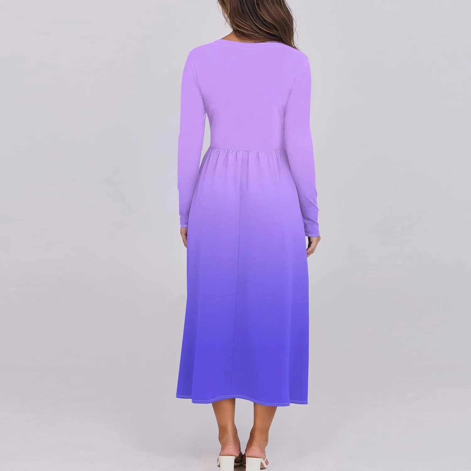 Womens Spring Dresses 2025 Midi Long Sleeve O Neck Flowy Summer Elegant Casual Western Fashion Dress