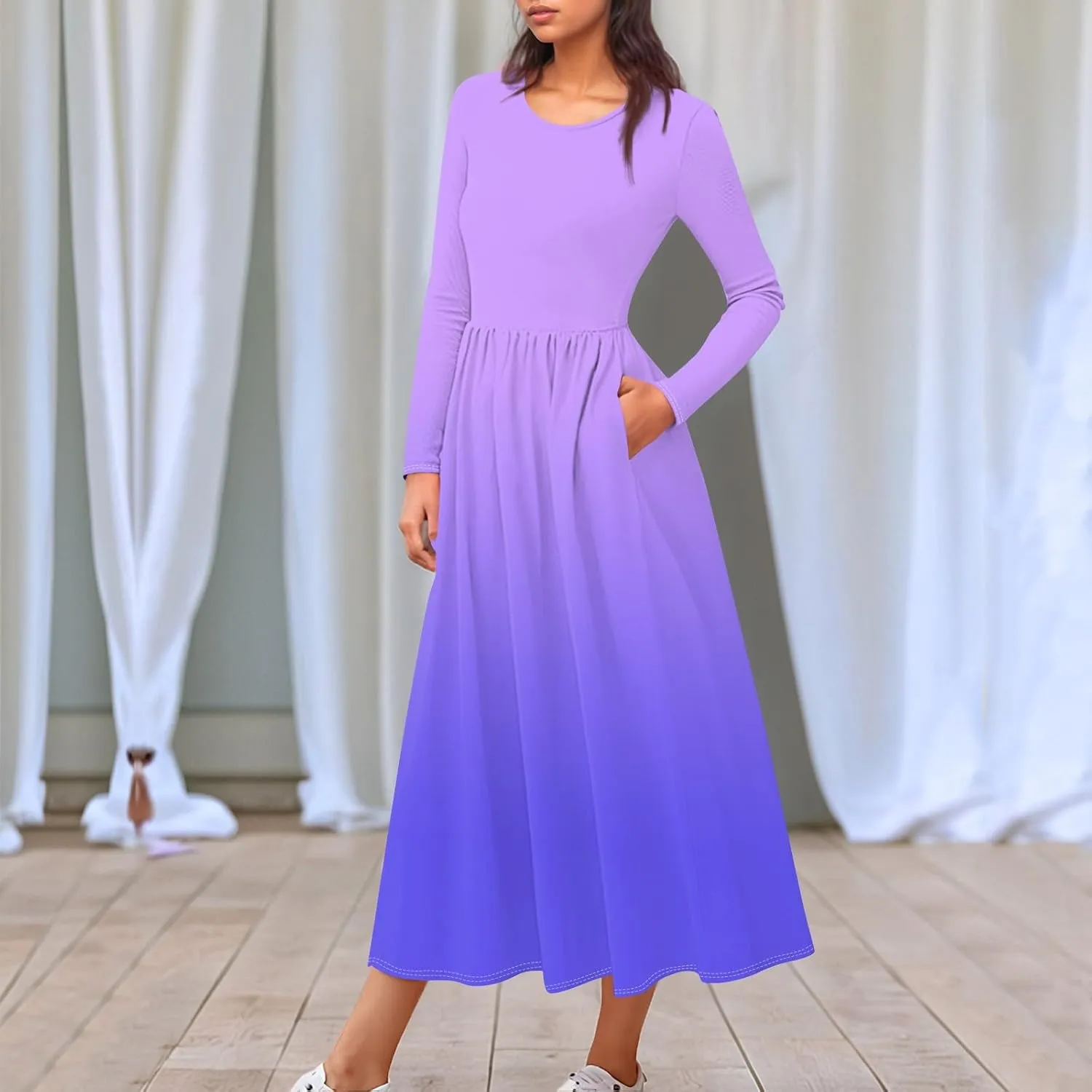 Womens Spring Dresses 2025 Midi Long Sleeve O Neck Flowy Summer Elegant Casual Western Fashion Dress