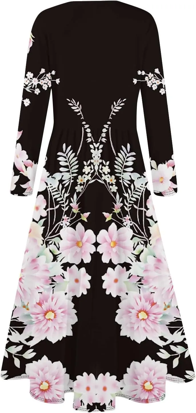 Womens Spring Dresses 2025 Midi Long Sleeve O Neck Trendy Boho Cute Ladies Fashion Fitted Dress
