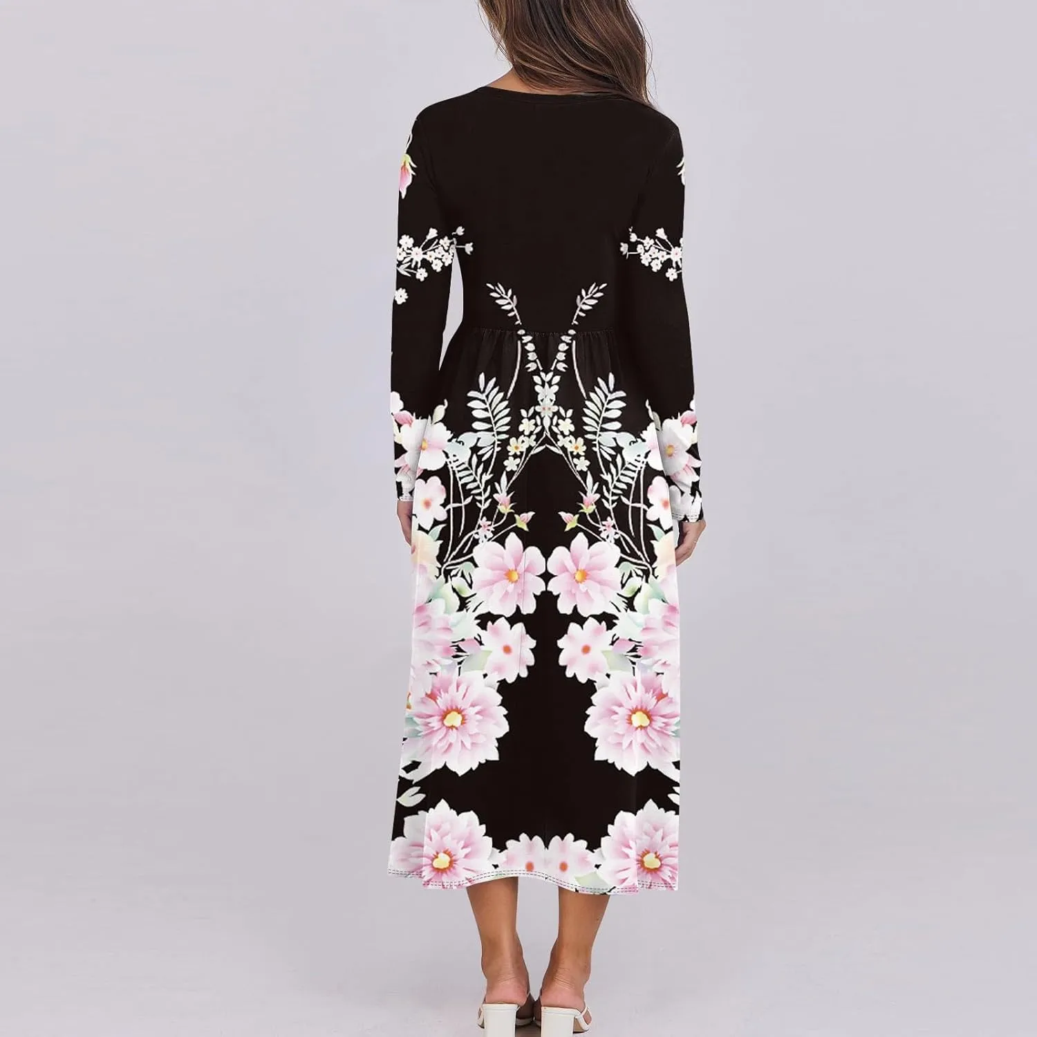 Womens Spring Dresses 2025 Midi Long Sleeve O Neck Trendy Boho Cute Ladies Fashion Fitted Dress