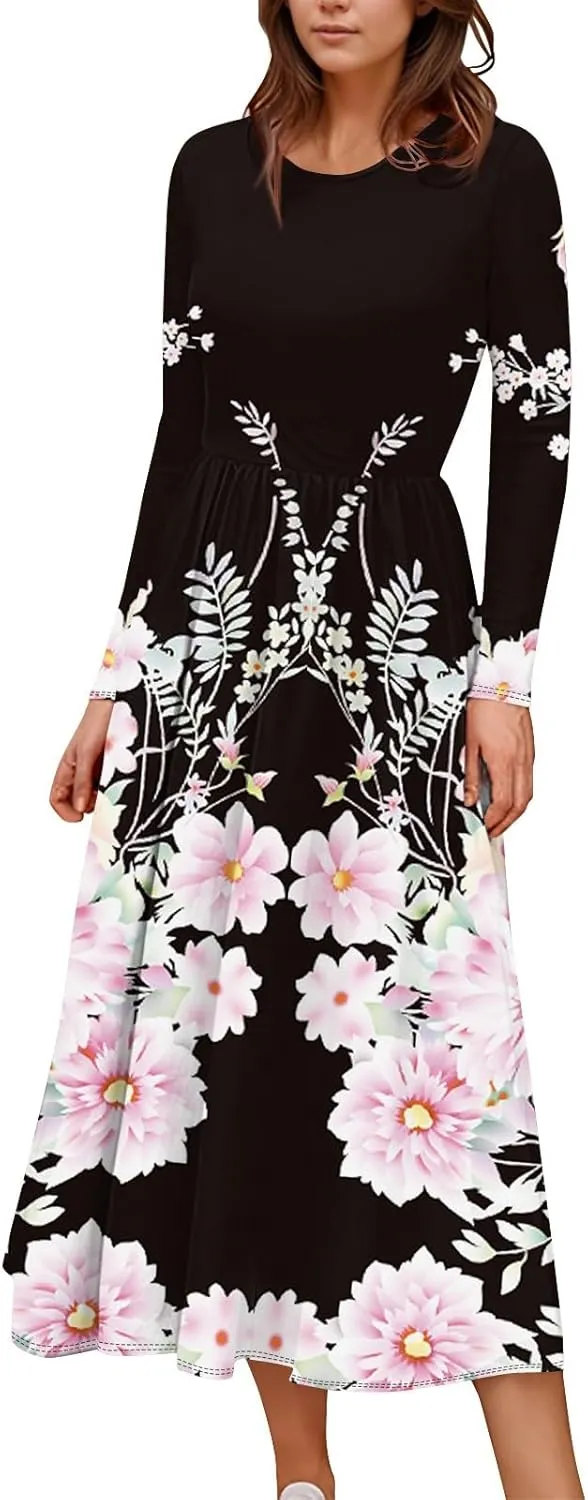 Womens Spring Dresses 2025 Midi Long Sleeve O Neck Trendy Boho Cute Ladies Fashion Fitted Dress
