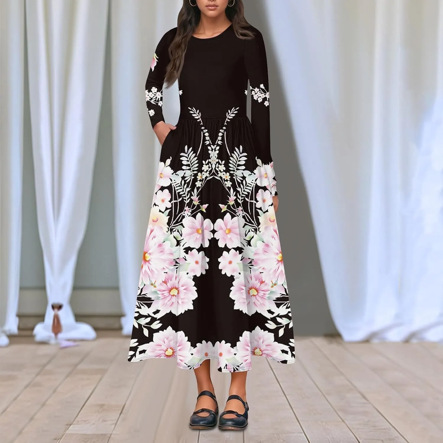 Womens Spring Dresses 2025 Midi Long Sleeve O Neck Trendy Boho Cute Ladies Fashion Fitted Dress