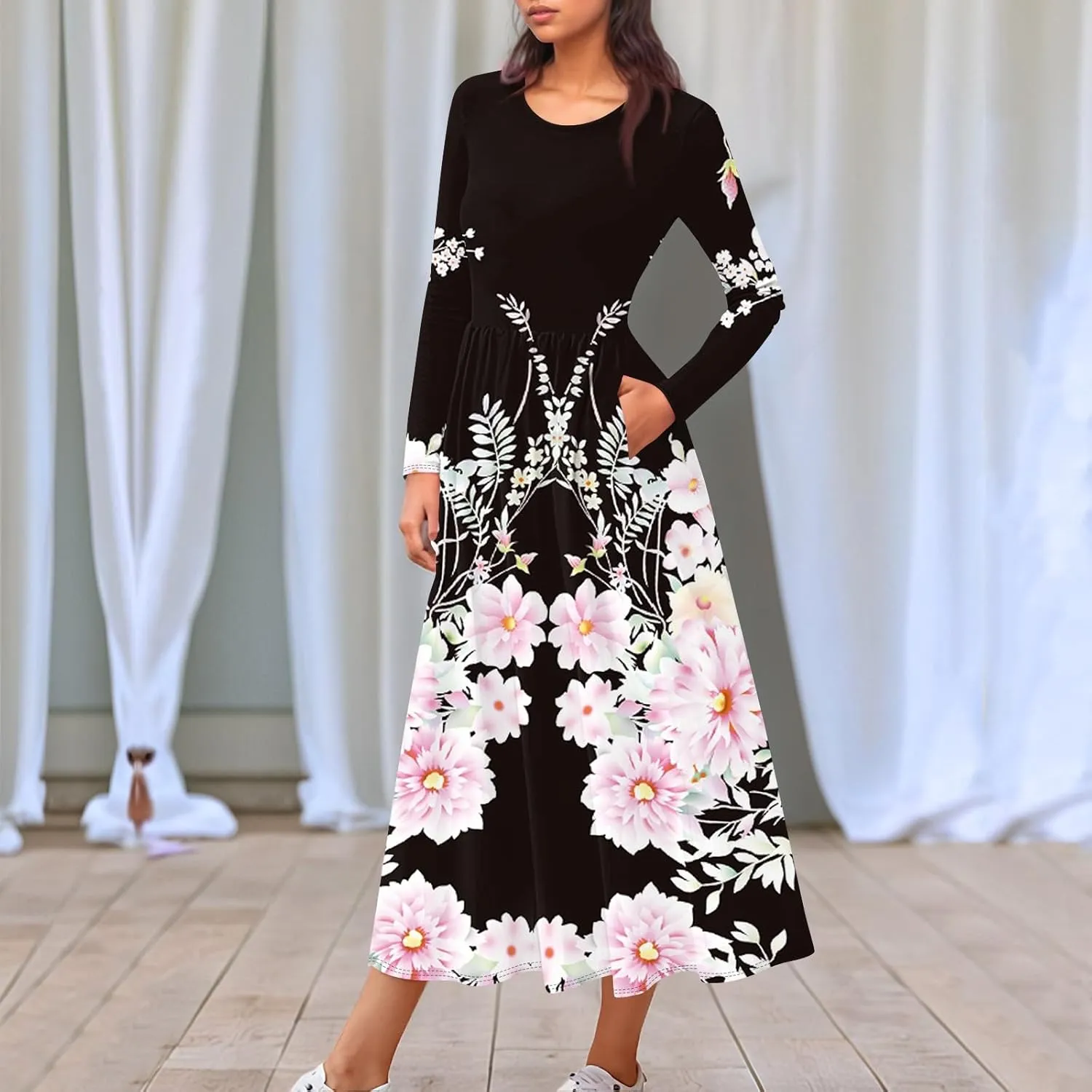 Womens Spring Dresses 2025 Midi Long Sleeve O Neck Trendy Boho Cute Ladies Fashion Fitted Dress