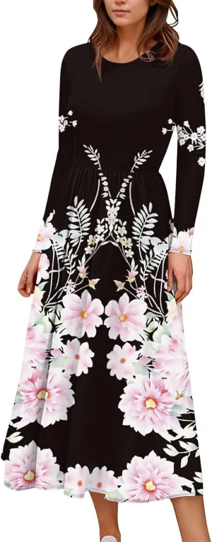 Womens Spring Dresses 2025 Midi Long Sleeve O Neck Trendy Boho Cute Ladies Fashion Fitted Dress