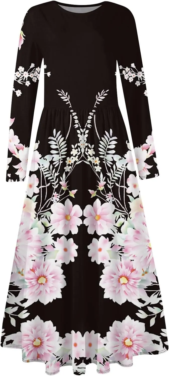 Womens Spring Dresses 2025 Midi Long Sleeve O Neck Trendy Boho Cute Ladies Fashion Fitted Dress