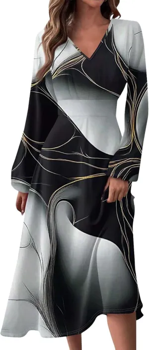 Womens Spring Dresses 2025 Midi Long Sleeve V Neck Summer Teens Vacation Modest Swing Dressy Dress