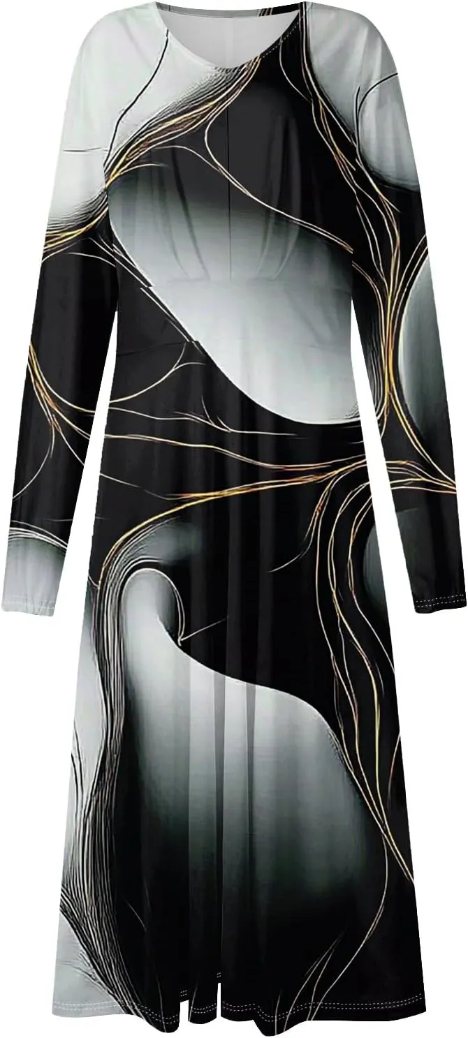 Womens Spring Dresses 2025 Midi Long Sleeve V Neck Summer Teens Vacation Modest Swing Dressy Dress