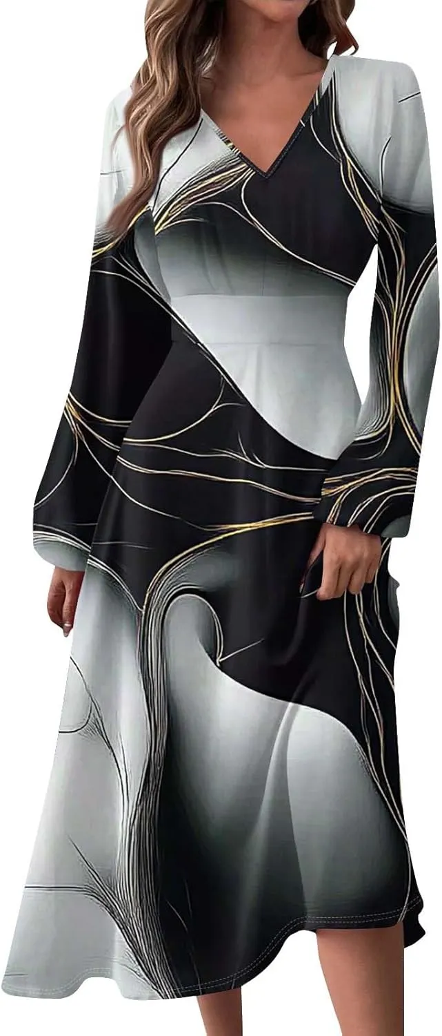 Womens Spring Dresses 2025 Midi Long Sleeve V Neck Summer Teens Vacation Modest Swing Dressy Dress