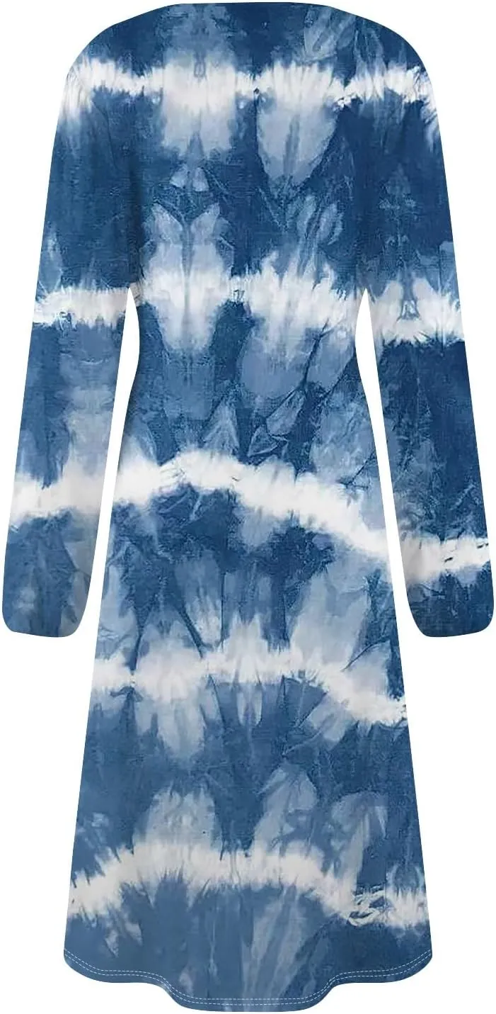 Womens Spring Fashion 2025 Dress Long Sleeve Midi O Neck Cute Summer Tea Length Boho Waist Loose Dress