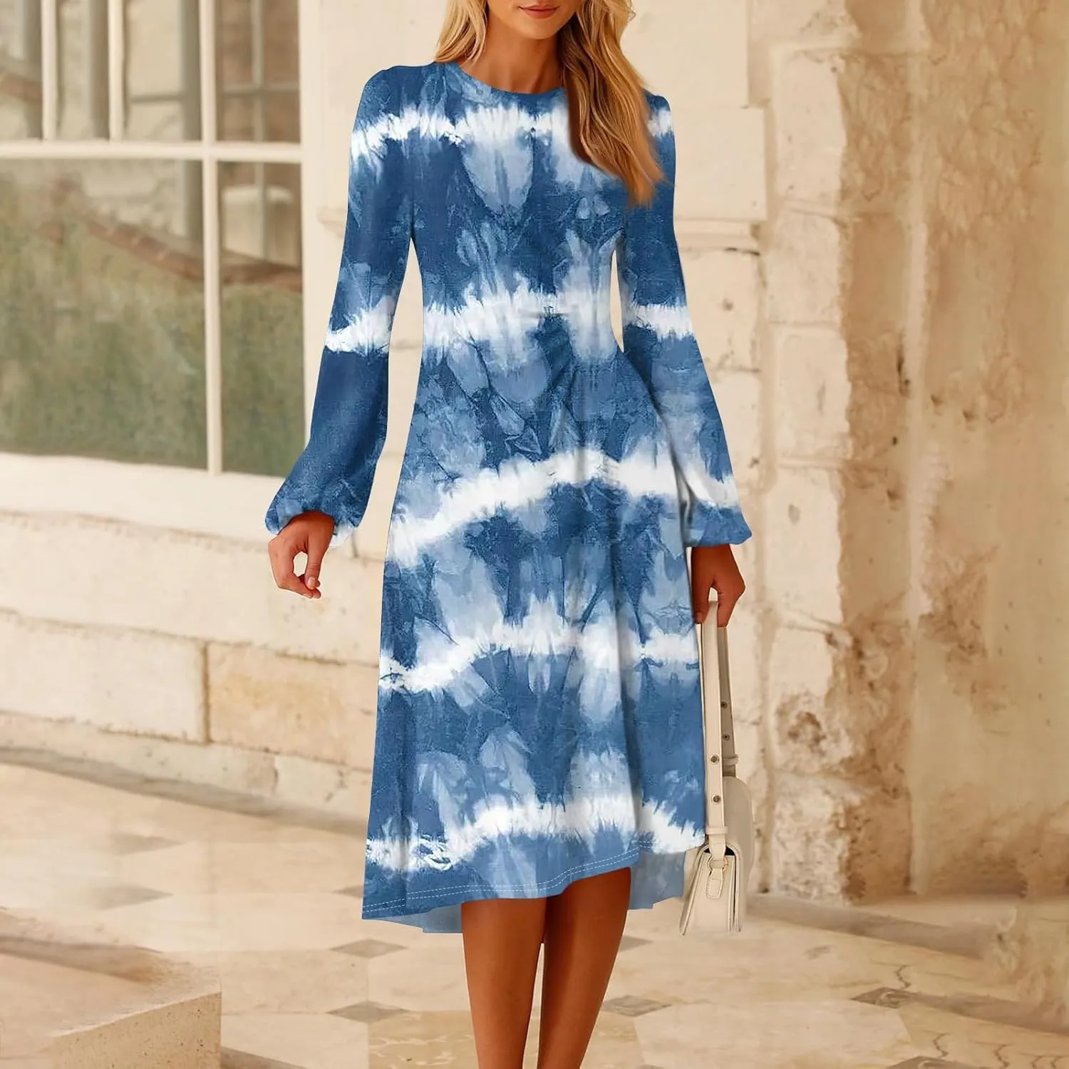 Womens Spring Fashion 2025 Dress Long Sleeve Midi O Neck Cute Summer Tea Length Boho Waist Loose Dress