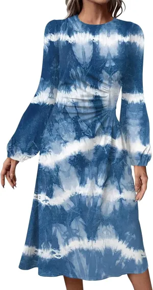 Womens Spring Fashion 2025 Dress Long Sleeve Midi O Neck Cute Summer Tea Length Boho Waist Loose Dress