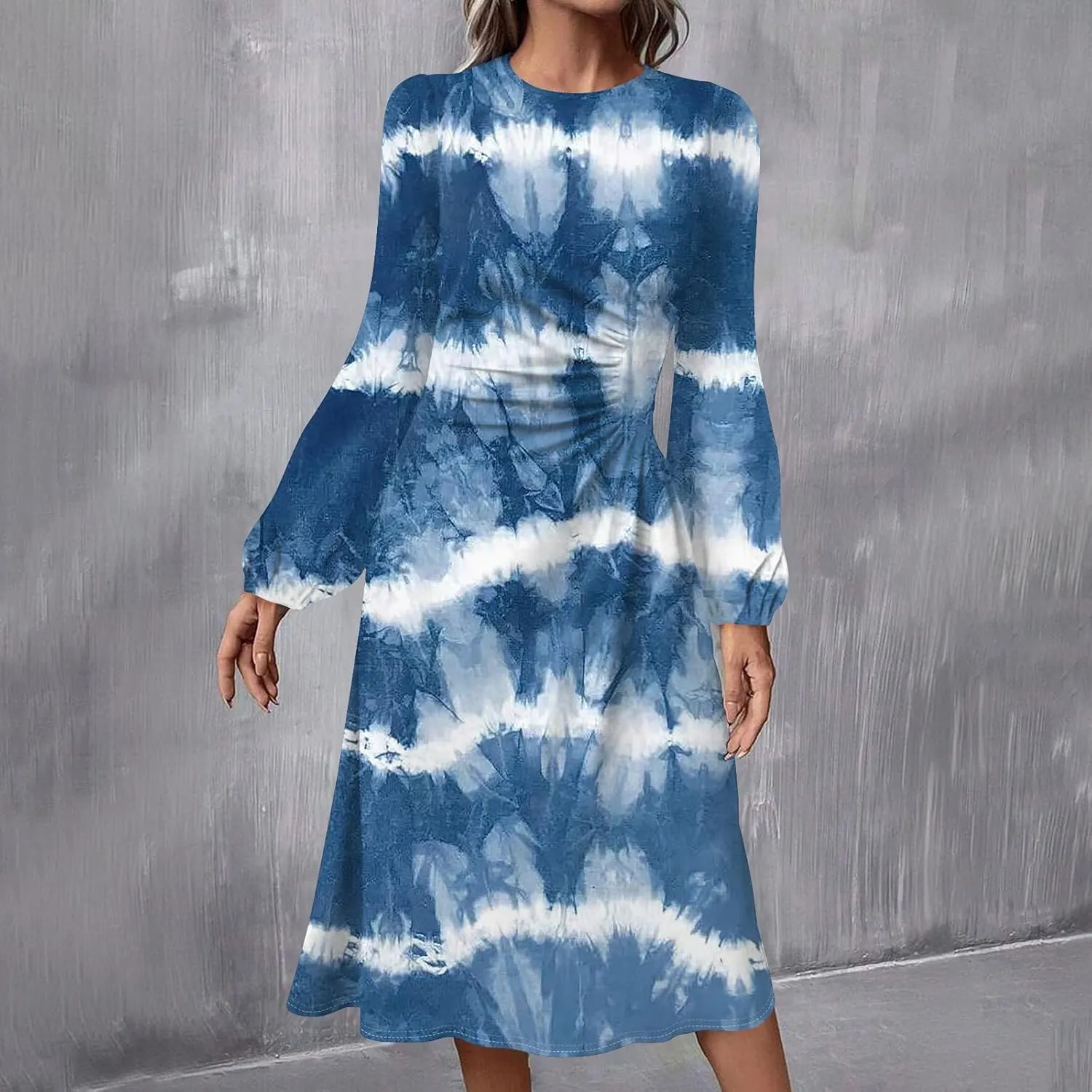 Womens Spring Fashion 2025 Dress Long Sleeve Midi O Neck Cute Summer Tea Length Boho Waist Loose Dress
