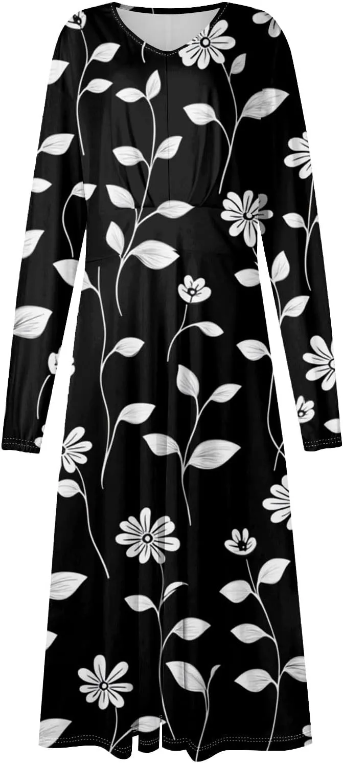 Womens Spring Fashion 2025 Dress Long Sleeve V Neck Midi Teens Ladies Summer Modest Curvy Western Dress
