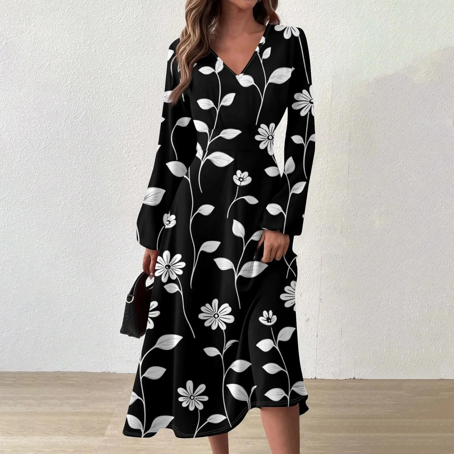 Womens Spring Fashion 2025 Dress Long Sleeve V Neck Midi Teens Ladies Summer Modest Curvy Western Dress