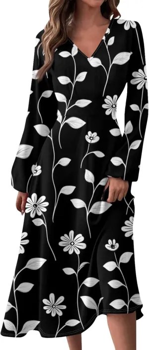 Womens Spring Fashion 2025 Dress Long Sleeve V Neck Midi Teens Ladies Summer Modest Curvy Western Dress