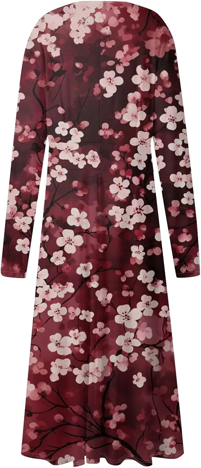 Womens Spring Fashion 2025 Dress Long Sleeve V Neck Midi Vacation Ladies Teens Trendy Swing Fashion Dress
