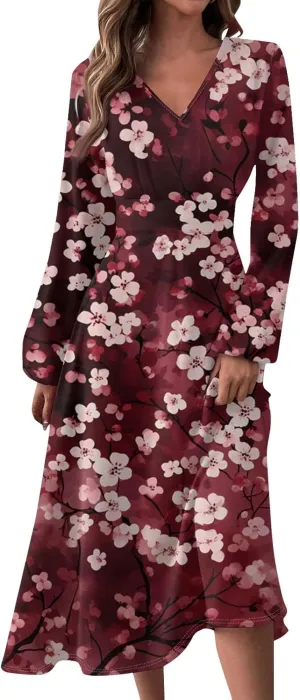 Womens Spring Fashion 2025 Dress Long Sleeve V Neck Midi Vacation Ladies Teens Trendy Swing Fashion Dress