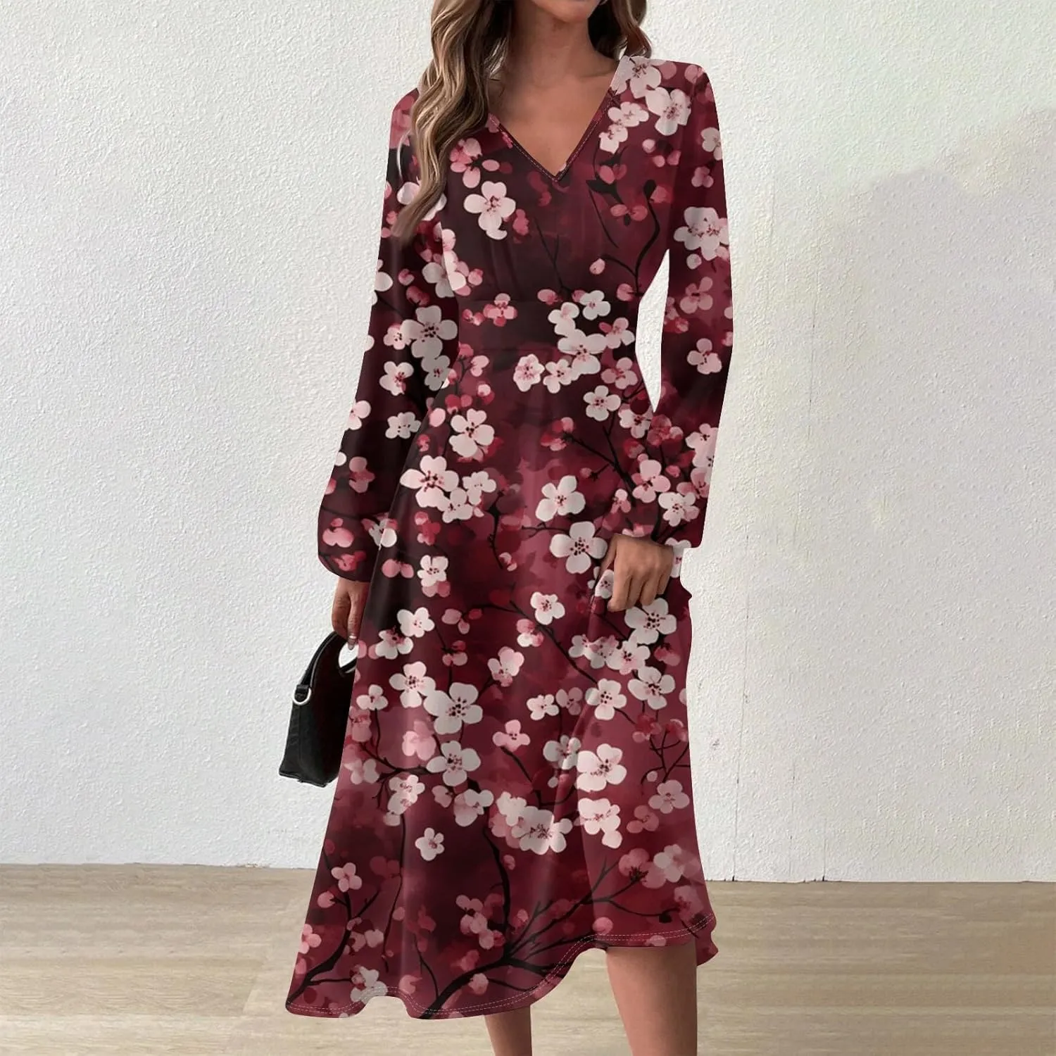 Womens Spring Fashion 2025 Dress Long Sleeve V Neck Midi Vacation Ladies Teens Trendy Swing Fashion Dress