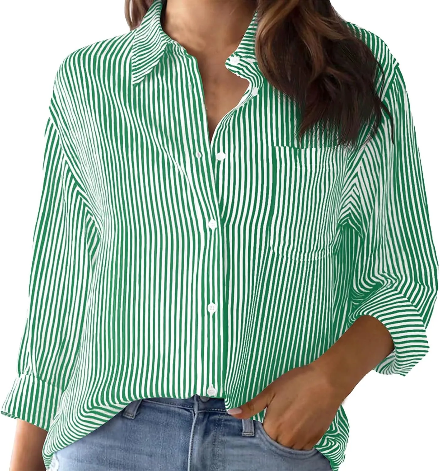 Womens Striped Button Up Shirts Classic Long Sleeve Stylish Collared Office Work Blouse Dressy Tunic Tops with Pocket