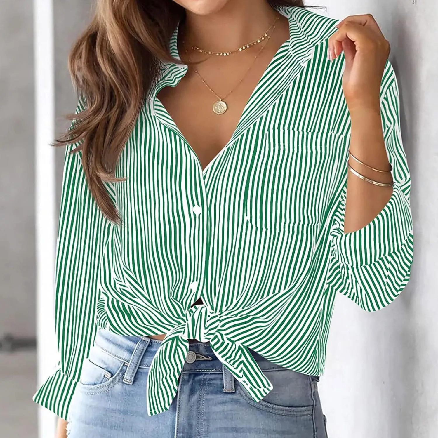 Womens Striped Button Up Shirts Classic Long Sleeve Stylish Collared Office Work Blouse Dressy Tunic Tops with Pocket