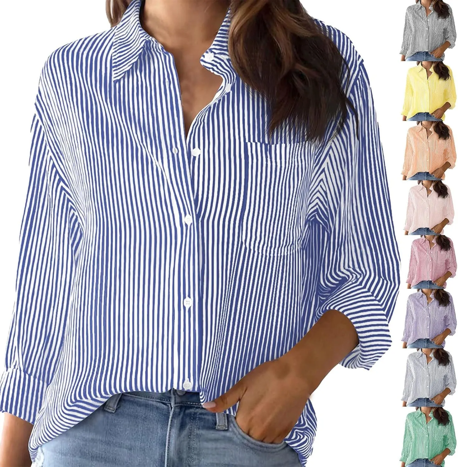 Womens Striped Button Up Shirts Classic Long Sleeve Stylish Collared Office Work Blouse Dressy Tunic Tops with Pocket