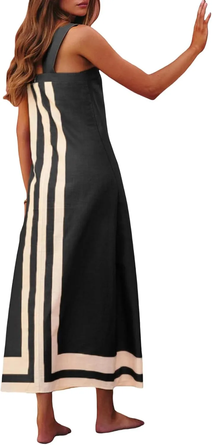 Women's Striped Mini Dress Summer Bohemian Floral Sundress Color Block Dresses Strap Beach Dress Cover Up Dresses