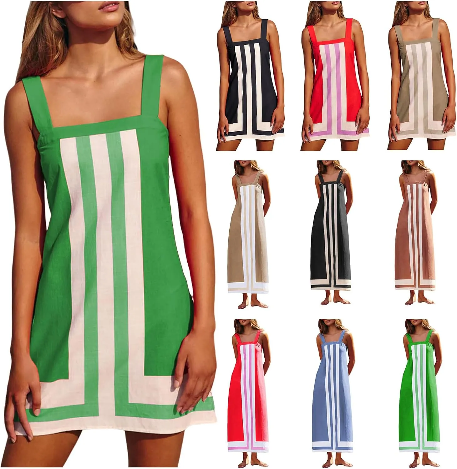 Women's Striped Mini Dress Summer Bohemian Floral Sundress Color Block Dresses Strap Beach Dress Cover Up Dresses